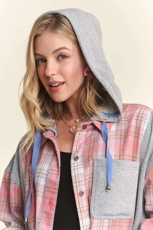 ADORA Button Down Plaid Hoodie Shacket