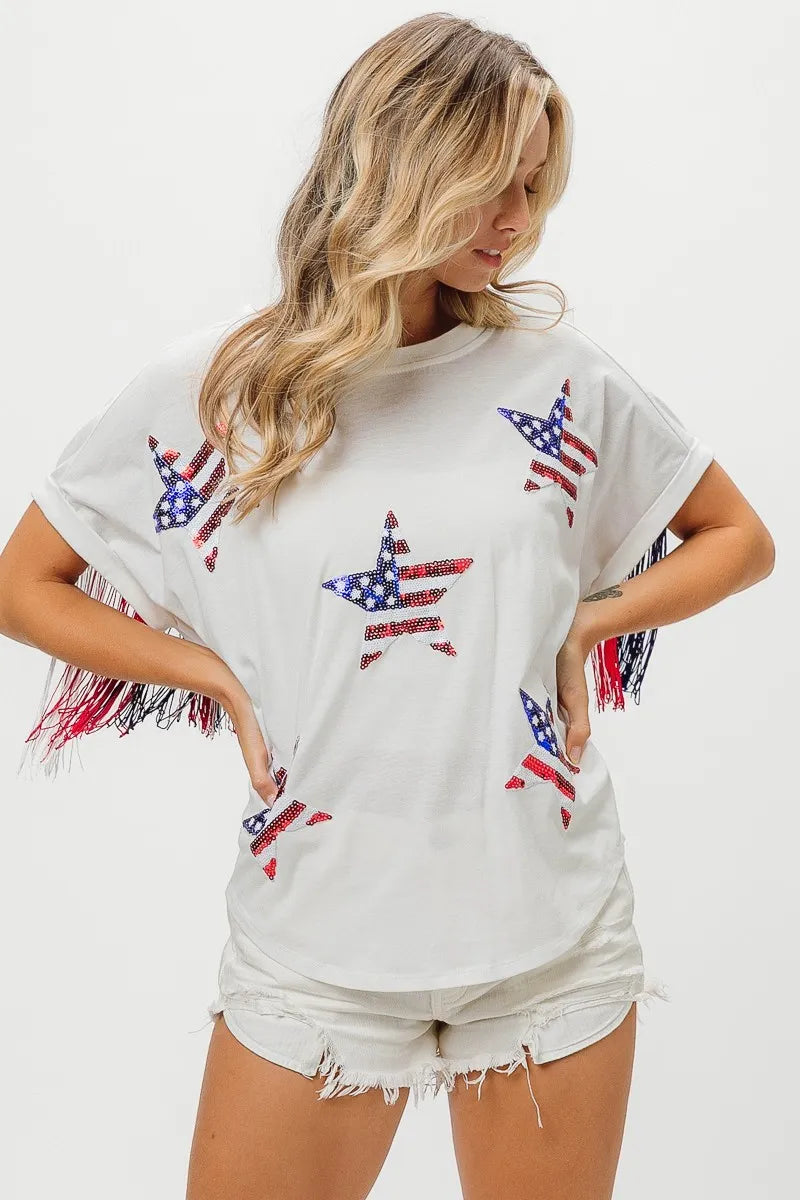 American Flag Sequin Star Fringe Top