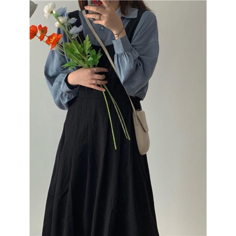 Autumn Suit Women's Shirt Extended Black Strap Dress