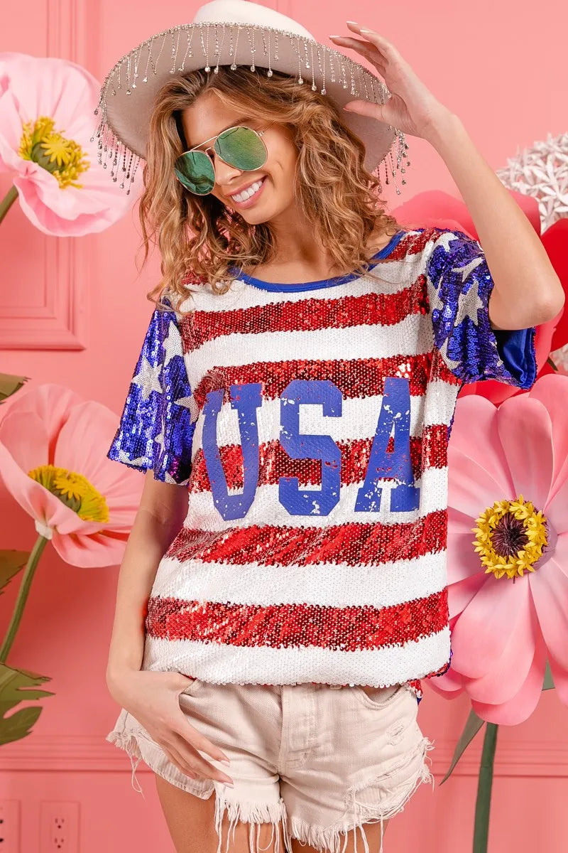 American Flag Theme USA Lettering Sequin Top