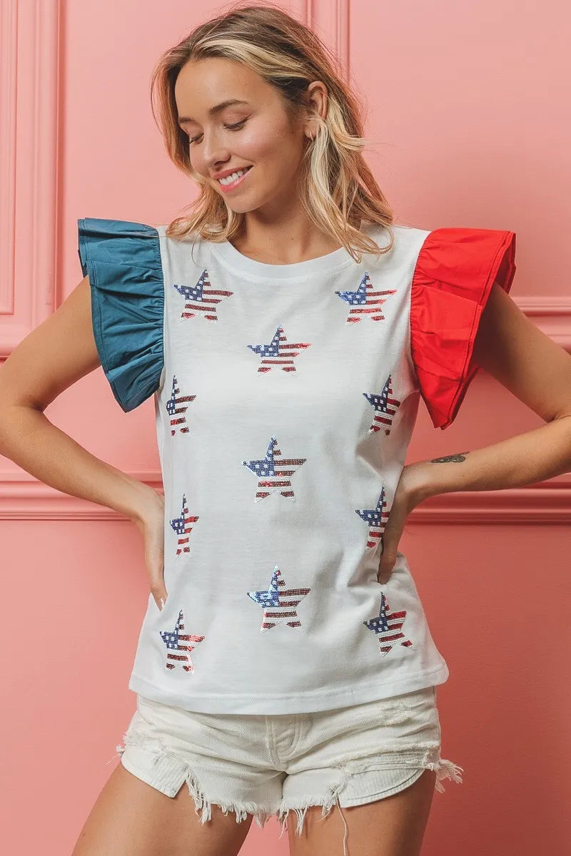 American Flag Sequin Stars Top