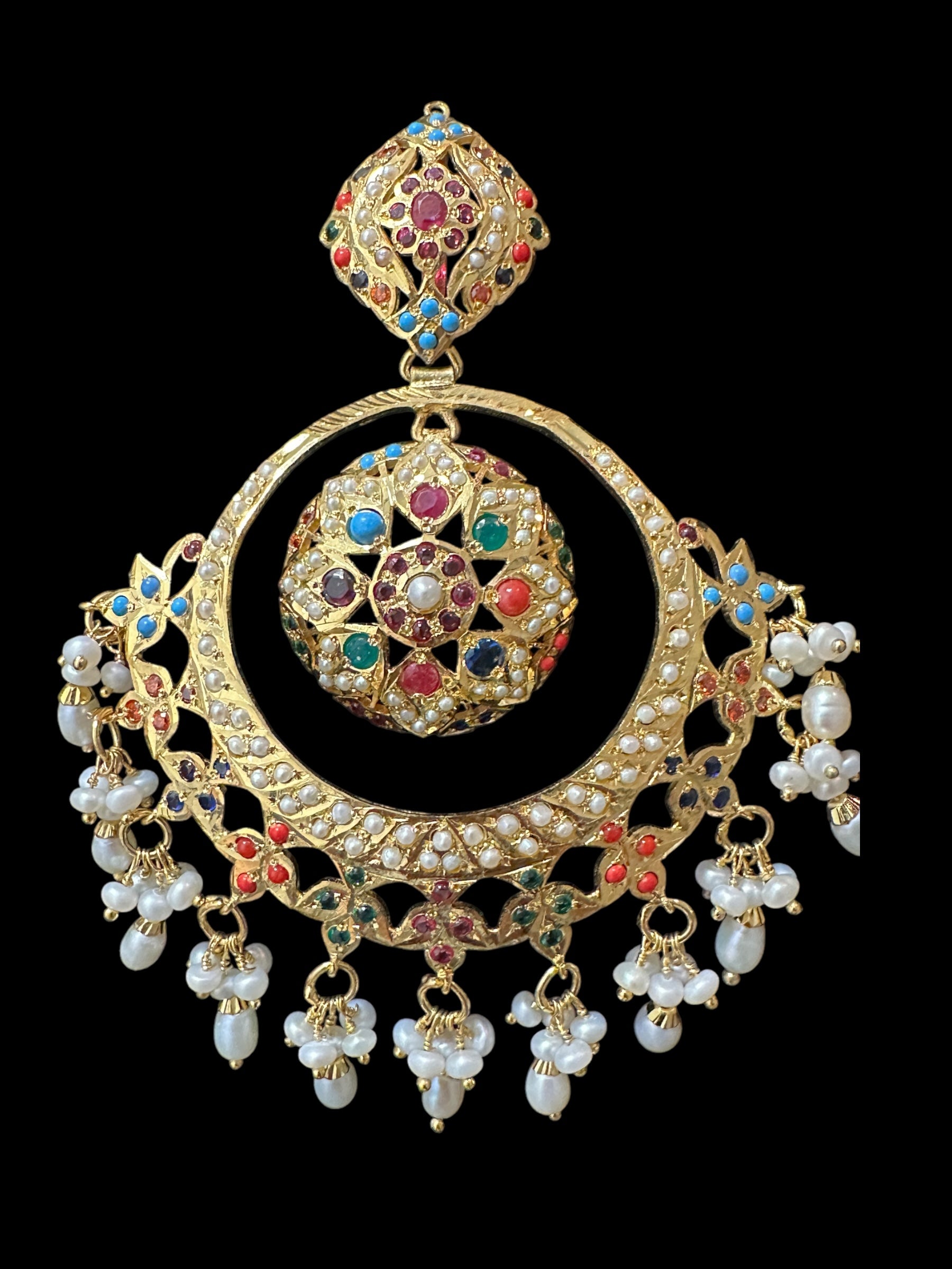 92.5 Silver Gold-Plated Earrings in Navratan with Freshwater Pearls â€?Handcrafted Jadau chandbali (READY TO SHIP )