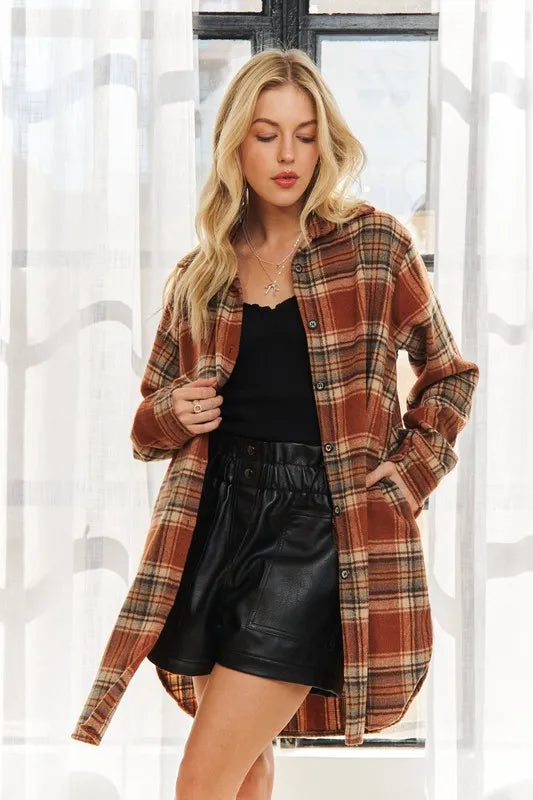 ADORA Full Size Button Down Flannel Shacket Plus Size in Rust
