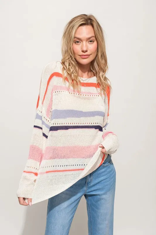 And The Why Abstract Striped Light Weight Loose Sweater in Pink Multi