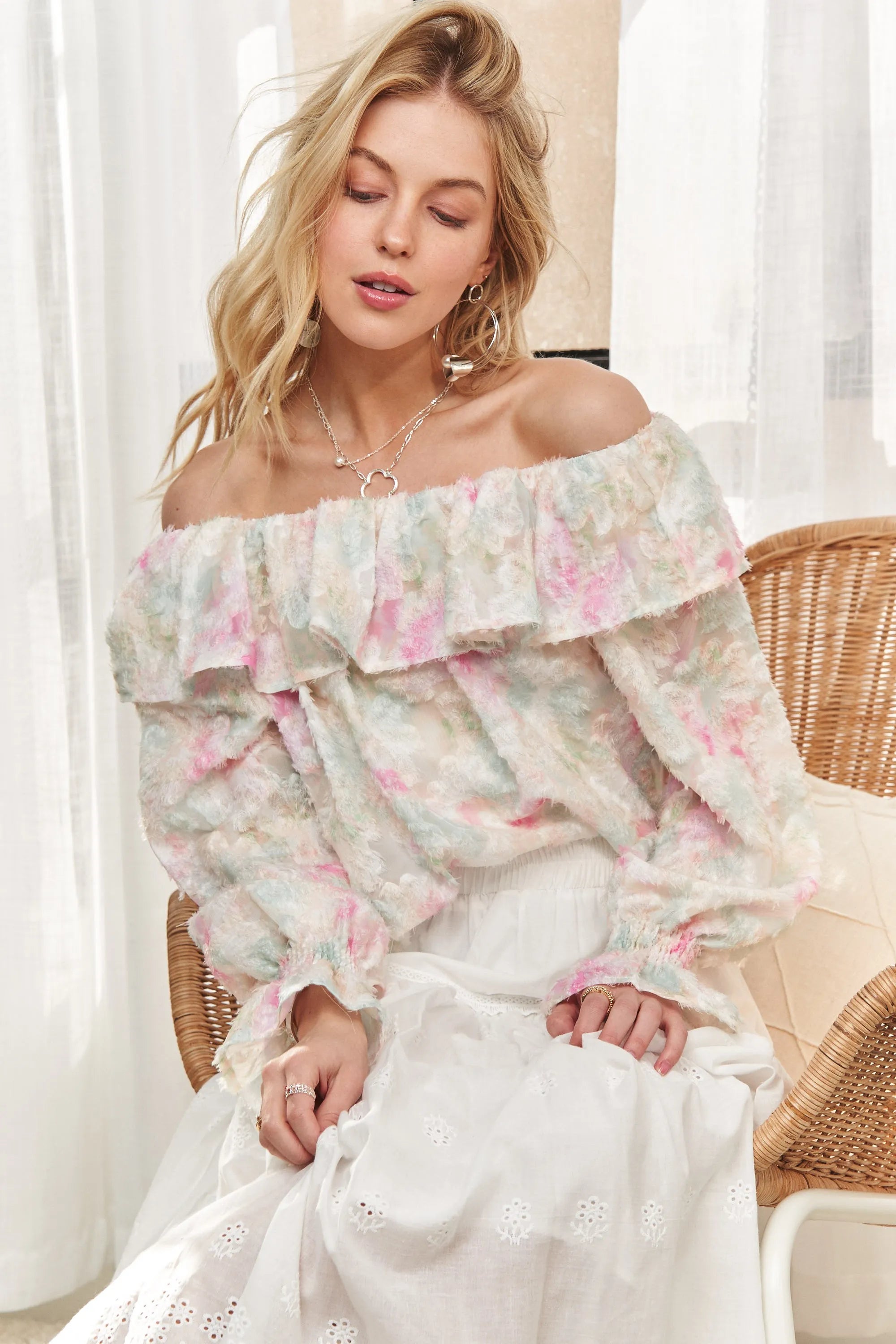 ADORA Ruffled Off Shoulder Floral Blouse in Pink