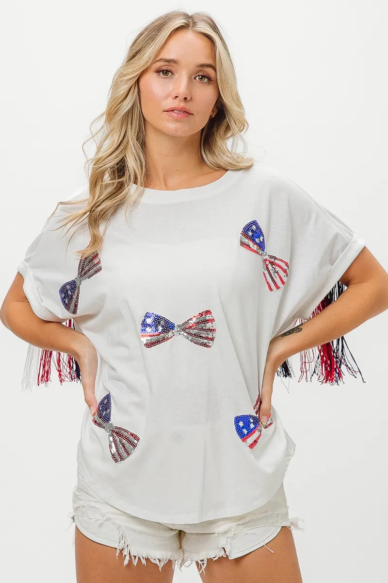 American Flag Sequin Ribbon T-Shirt