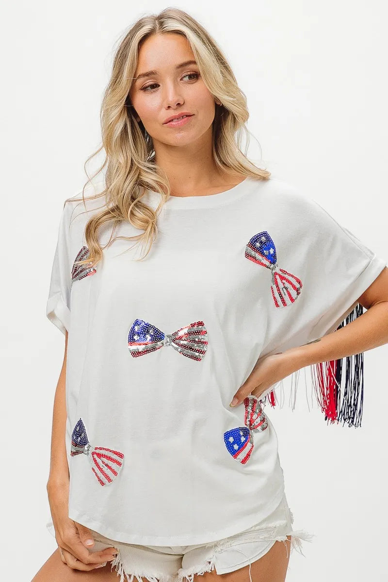 American Flag Sequin Ribbon T-Shirt