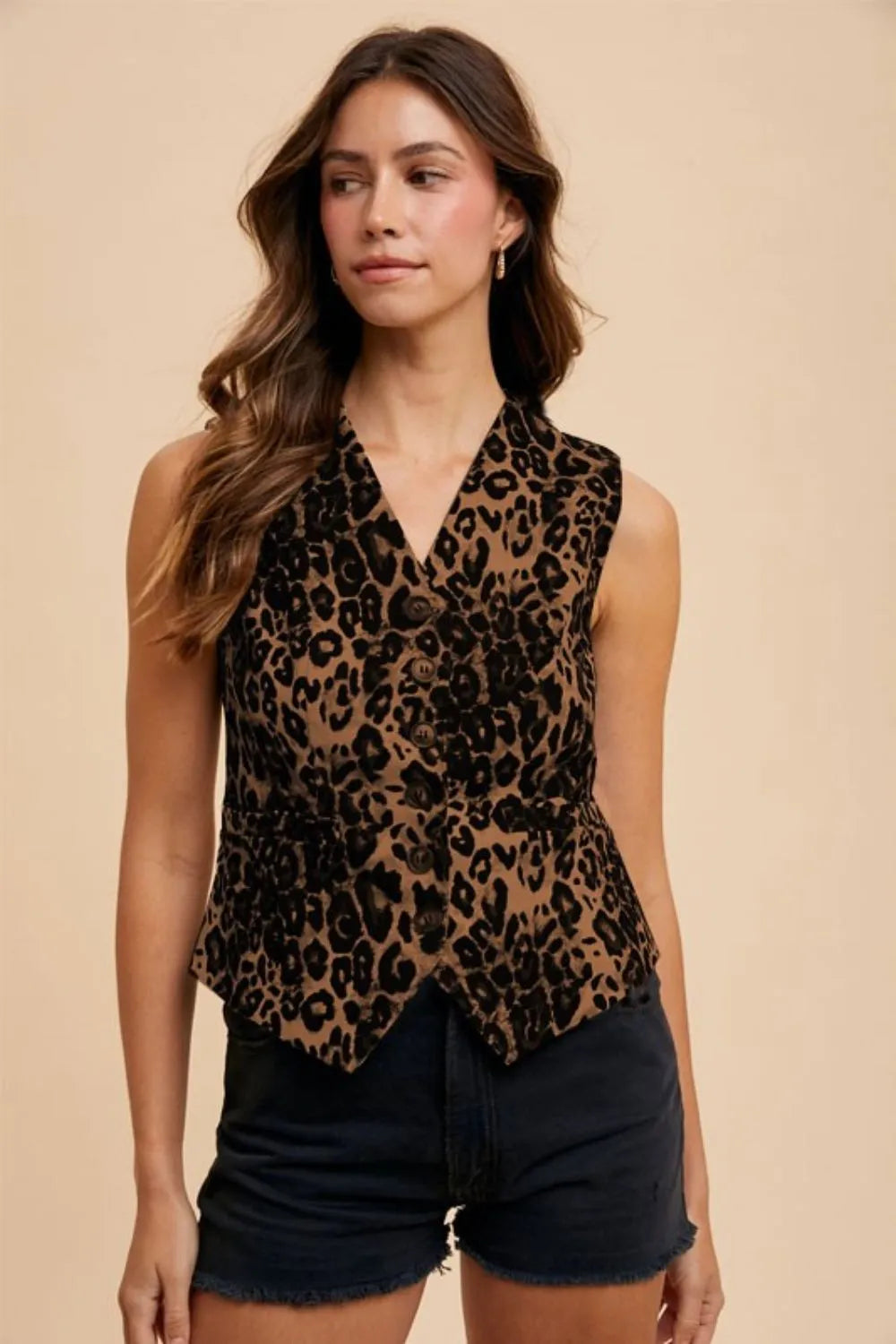 Annie Wear Stretch Leopard Denim Button Down Vest by Trendsi