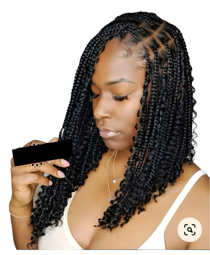 2" Boho Knotless Braided Bob Wig | 360 Full Lace Curly Ends | Goddess Box Braids | Pre-Plucked Baby Hair