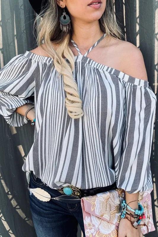 And The Why Stripe Printed Cold Shoulder Halter Neck Top