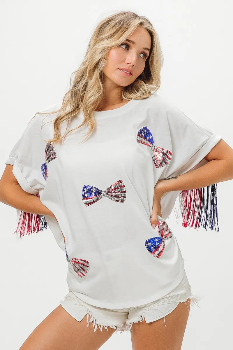 American Flag Sequin Ribbon T-Shirt