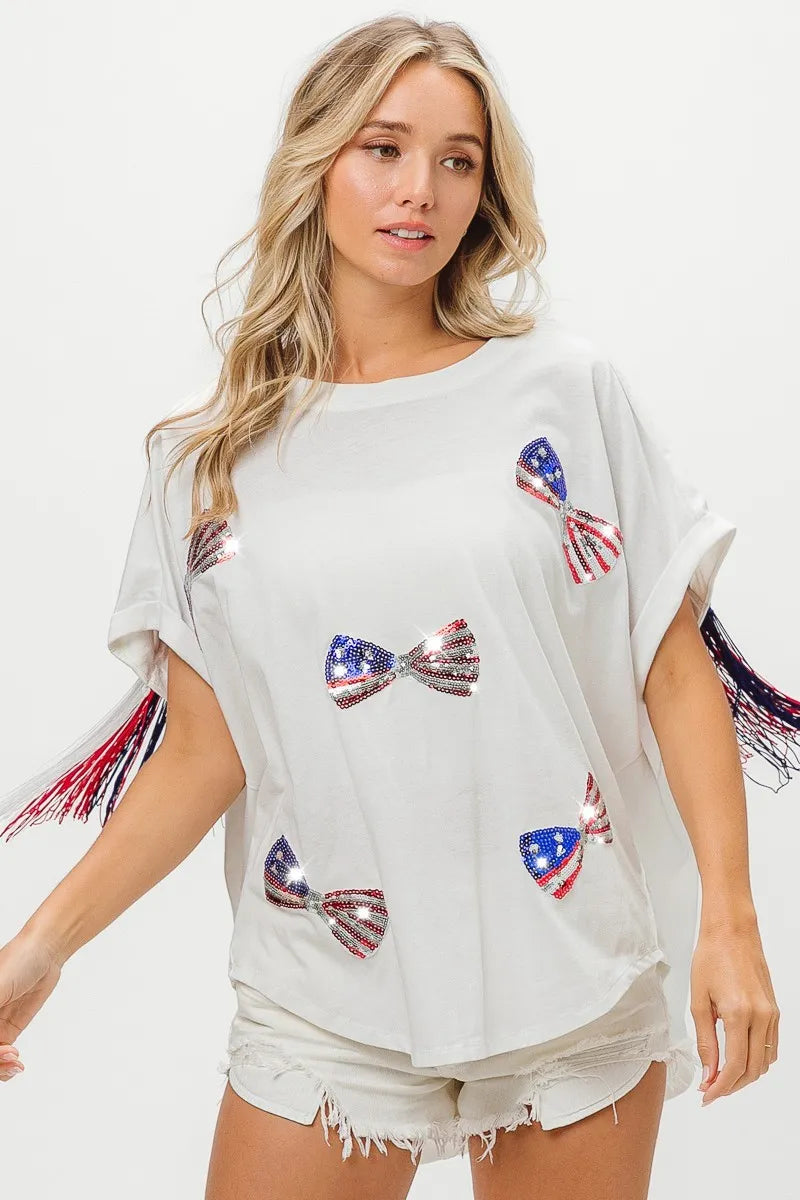 American Flag Sequin Ribbon T-Shirt