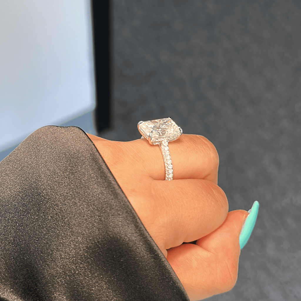 5.0ct Radiant Cut Moissanite Diamond Three Row Pavè Engagement Ring