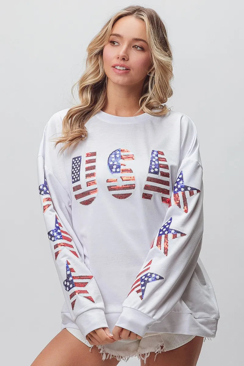 American Flag USA and Star Sequin Sweatshirt