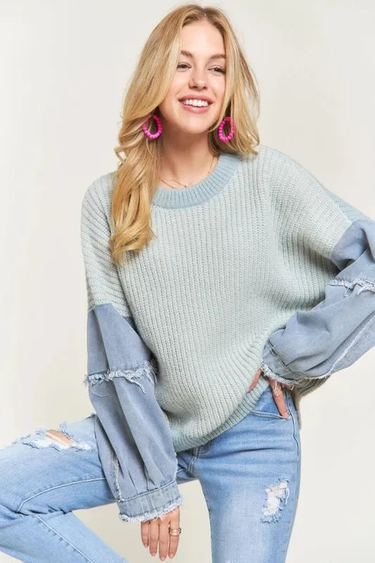 ADORA Plus Size Frayed Denim Sleeve Sweater Top