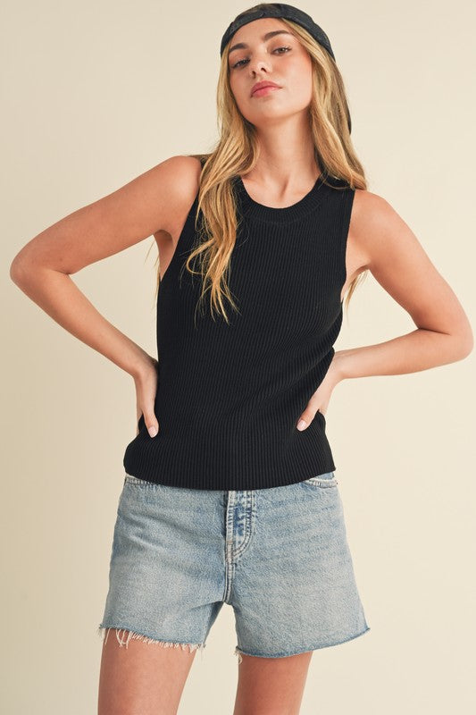 Aemi + Co Ribbed Round Neck Knit Tank Top