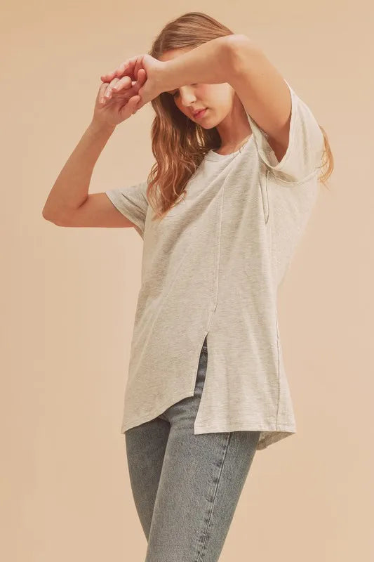 Asymmetrical Front Slit Round Neck Raglan Sleeve T-Shirt