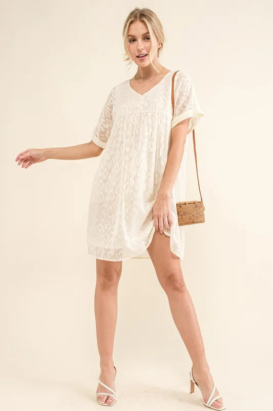 And The Why Woven Leopard Baby Doll Roll-Sleeve Casual Dress