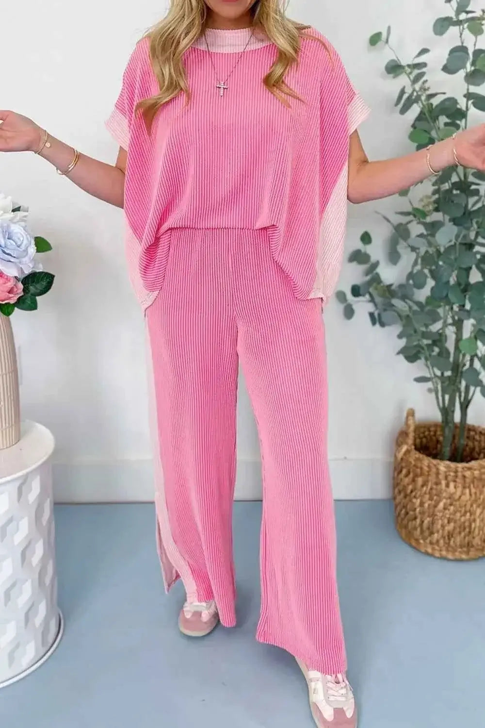 2-tone Colorblock Patchwork Corded top and pants set