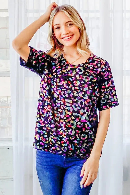 And The Why Leopard Foil Printed Half Sleeve Summer Sweater