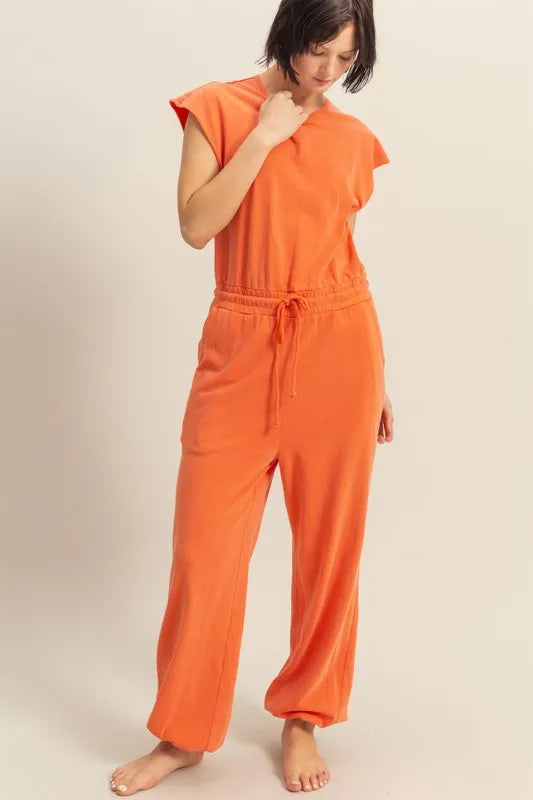 Back Keyhole Round Neck Cap Sleeve Drawstring Jumpsuit