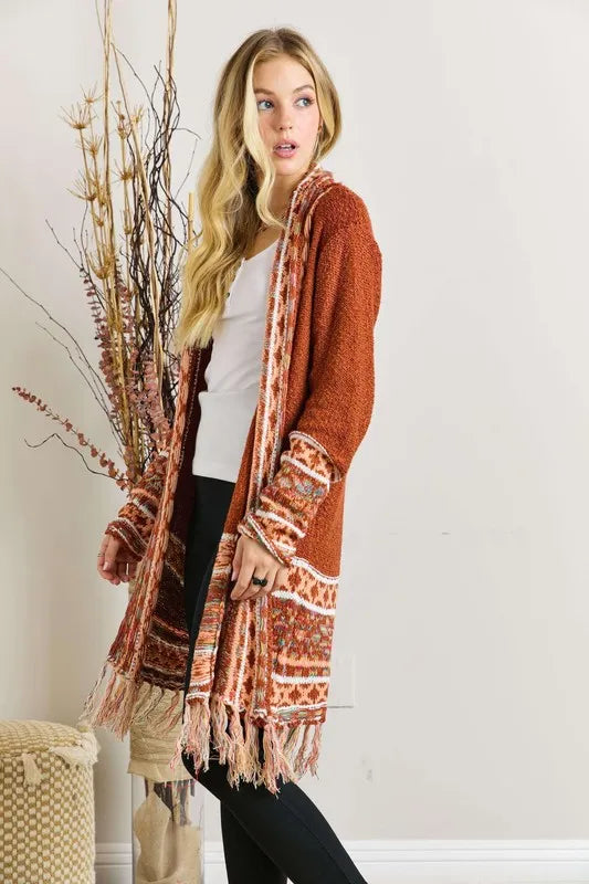 ADORA Full Size Fringe Hem Aztec Border Cardigan Plus Size