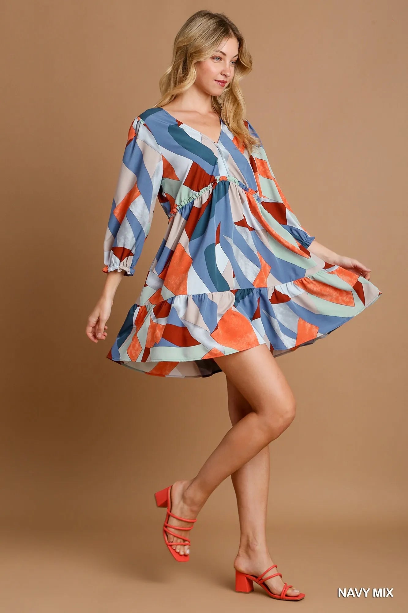 Abstract V-Neck Tiered Printed Dress