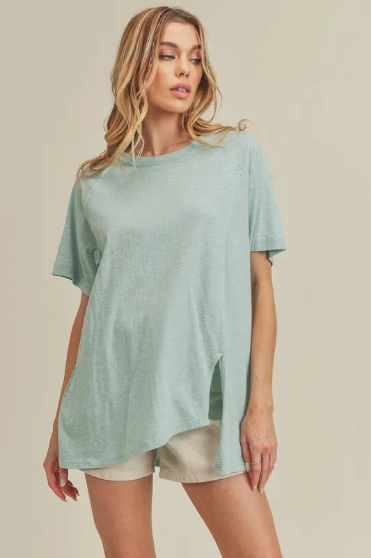 Asymmetrical Front Slit Round Neck Raglan Sleeve T-Shirt