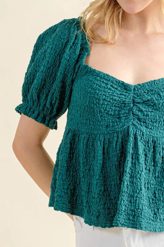 And The Why Lovely Textured and Smocked Top in Green