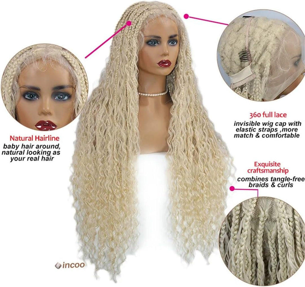 613 Blonde Boho Box Braids Wig | Curly Ends | Full Lace Front | Knotless Goddess Locs | Synthetic Braids