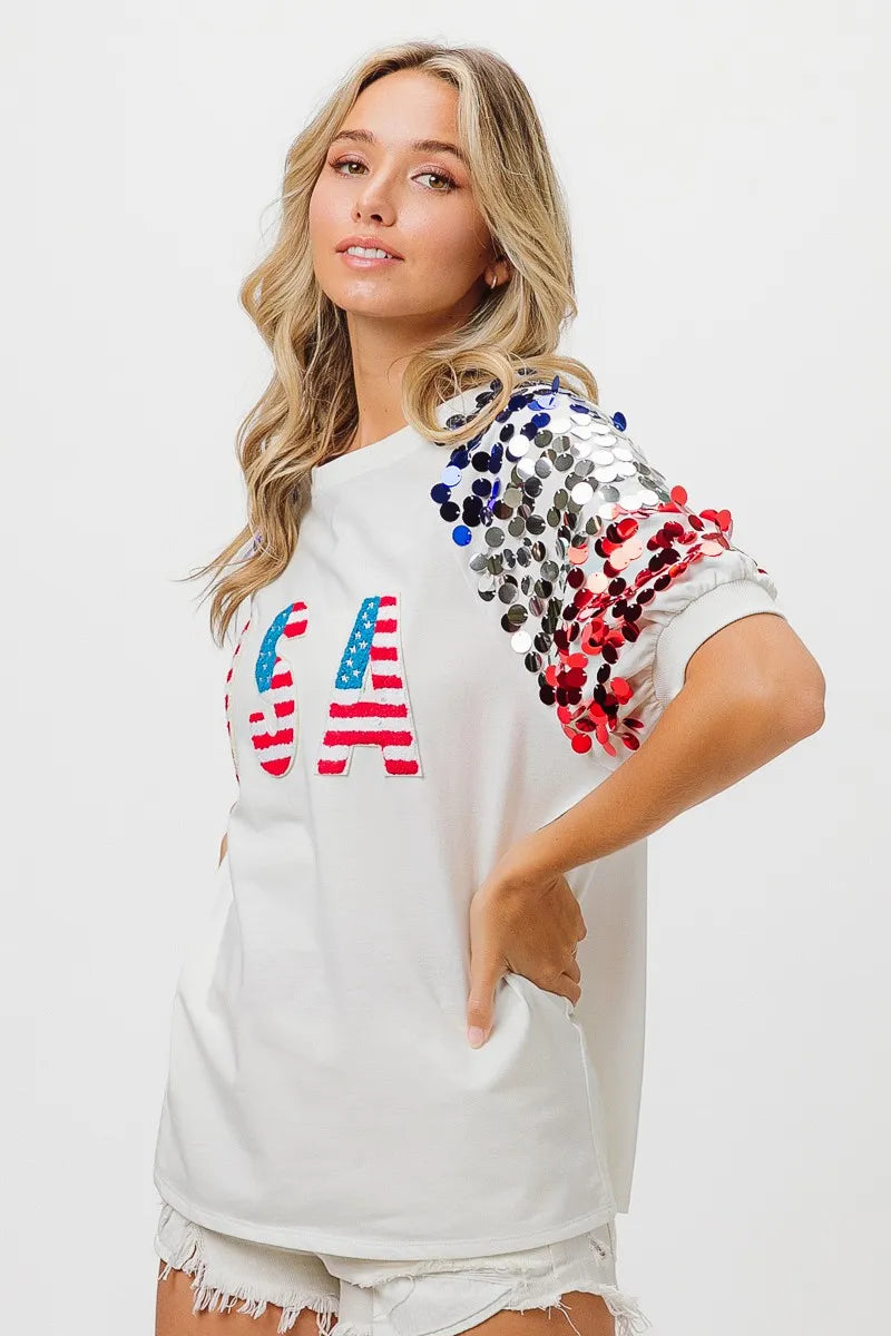 American Flag Theme Sequin Top