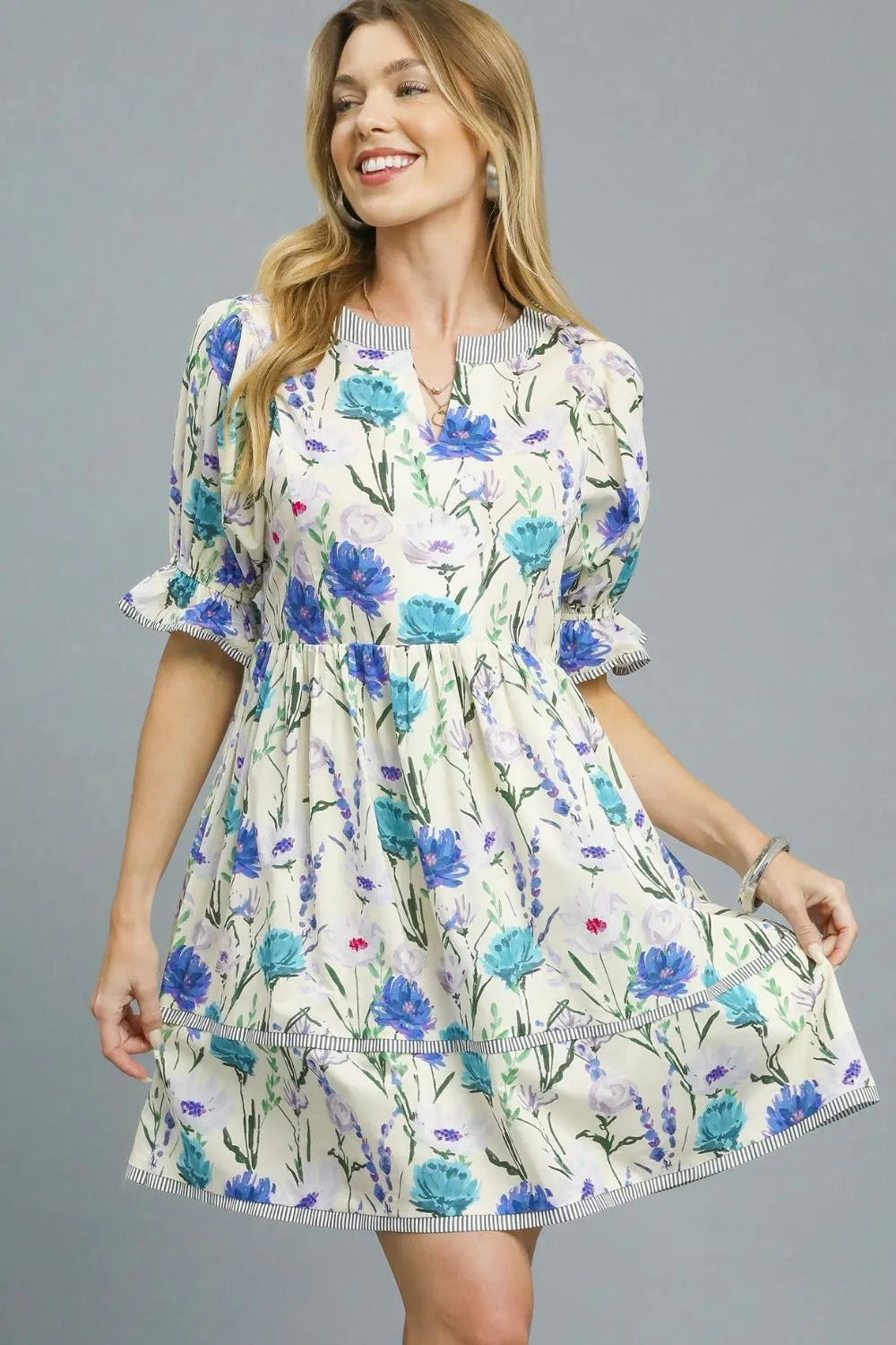 BabyDoll Floral Striped Hem Mini Dress