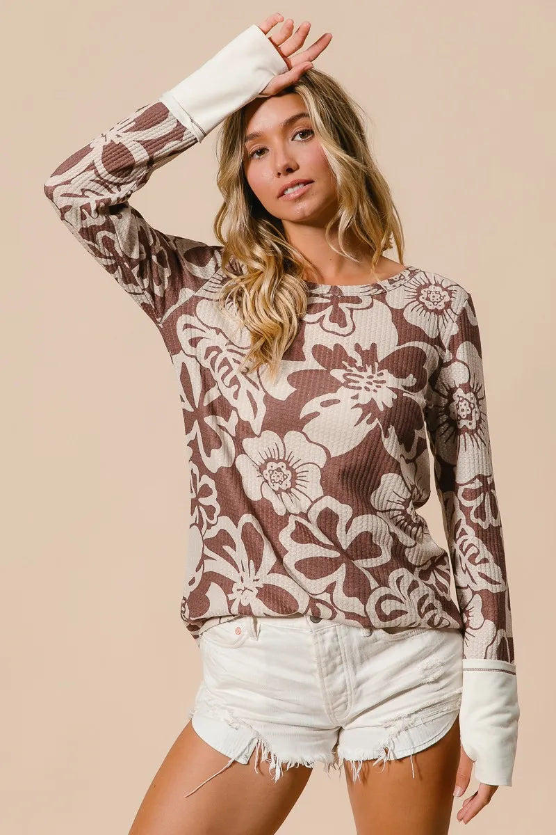 BiBi Flower Printed Waffle Thumb Opening Top