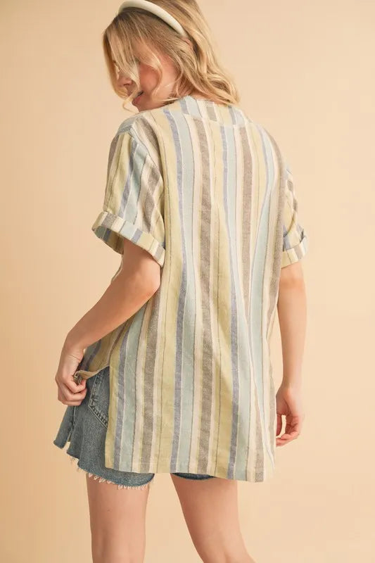 Aemi+Co Side Slit Striped Short Sleeve Blouse