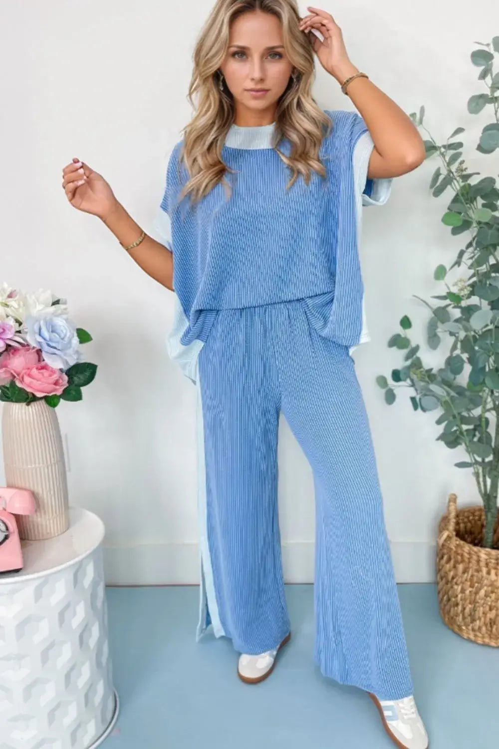 2-tone Colorblock Patchwork Corded top and pants set