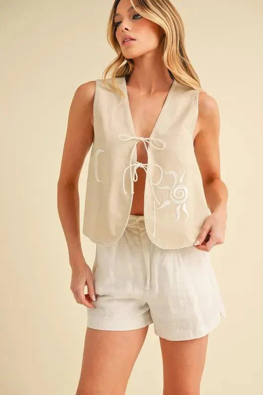 Aemi+Co Embroidered Tied Front Vest Coat