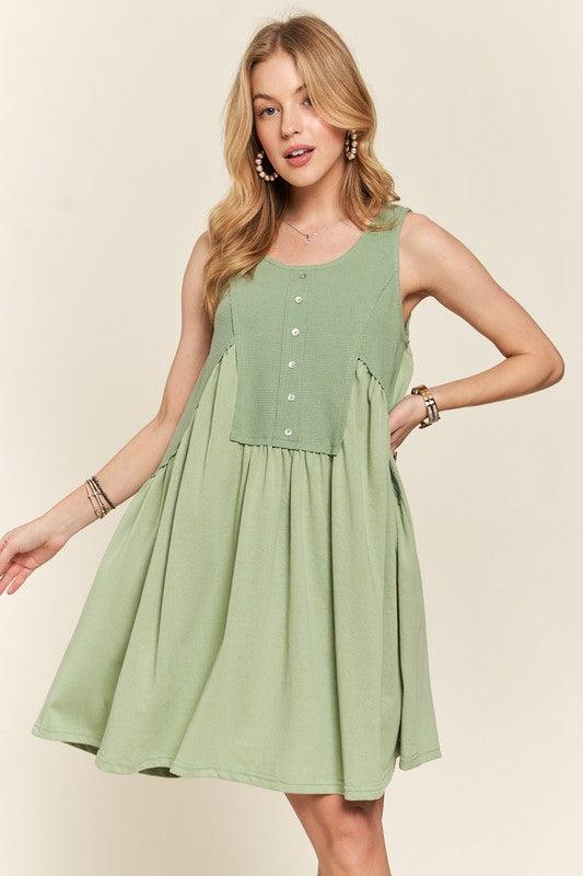 ADORA Decorative Button Sleeveless Babydoll Dress