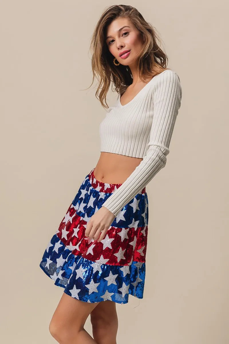 American Flag Theme Star Sequin Tiered Skirt