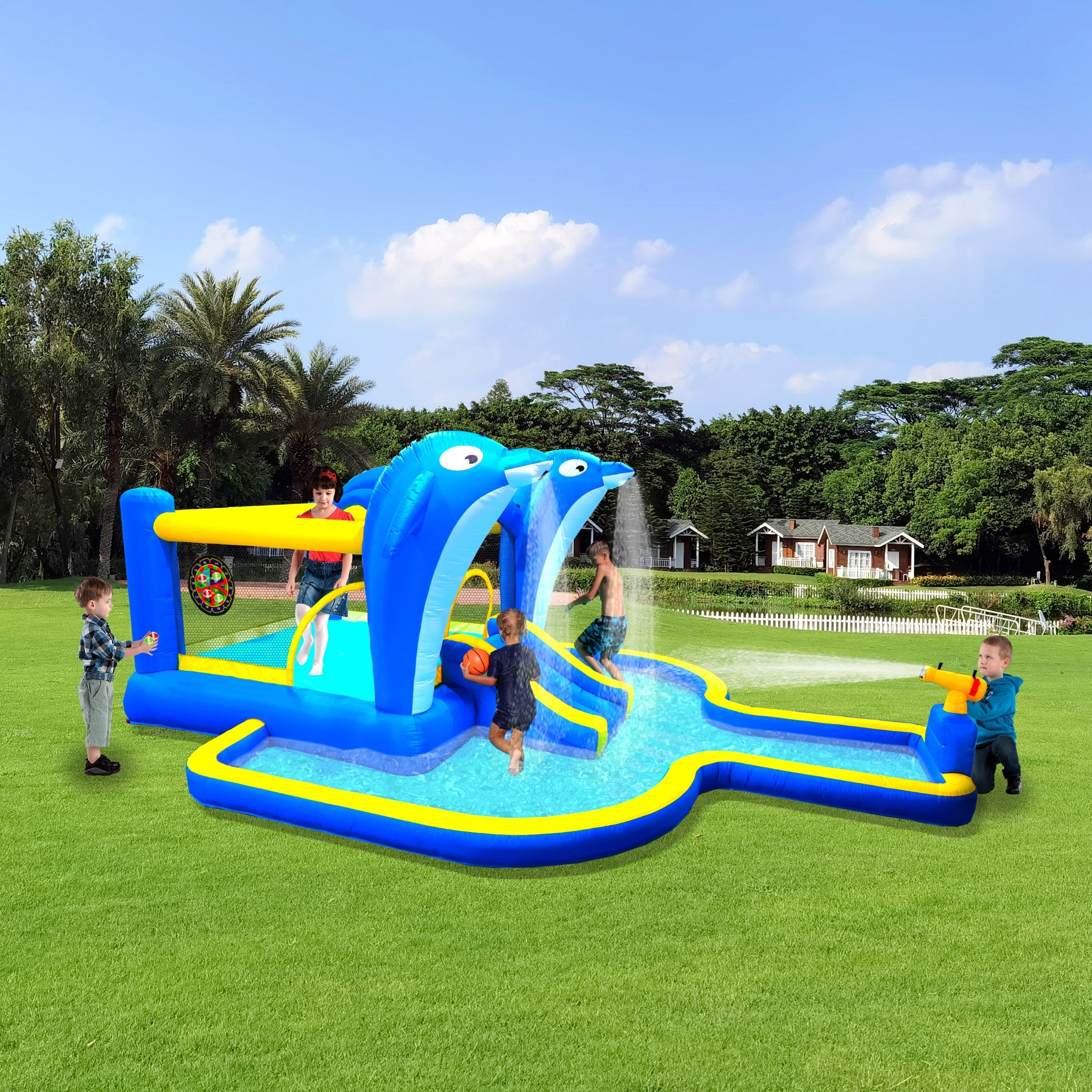 8 in1 Inflatable slide water park trampoline bouncing house outdoor garden with  Dolphin sprinkler & Target games & Water gun & Basketball