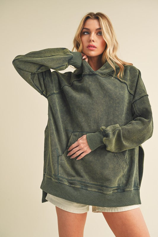Aemi + Co Exposed Seam Side Slit Hoodie with Kangaroo Pocket
