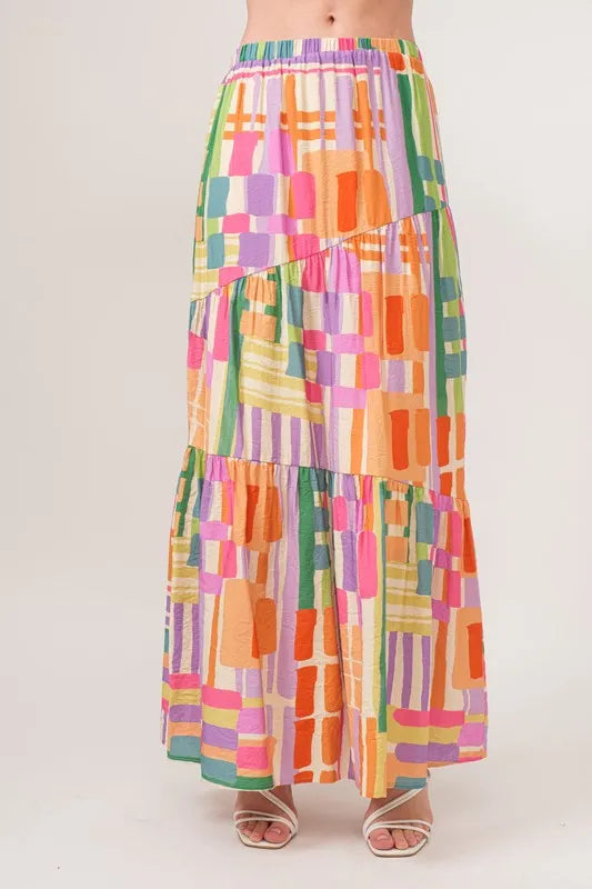And The Why Asymmetric Geo Printed Tiered Maxi Skirt
