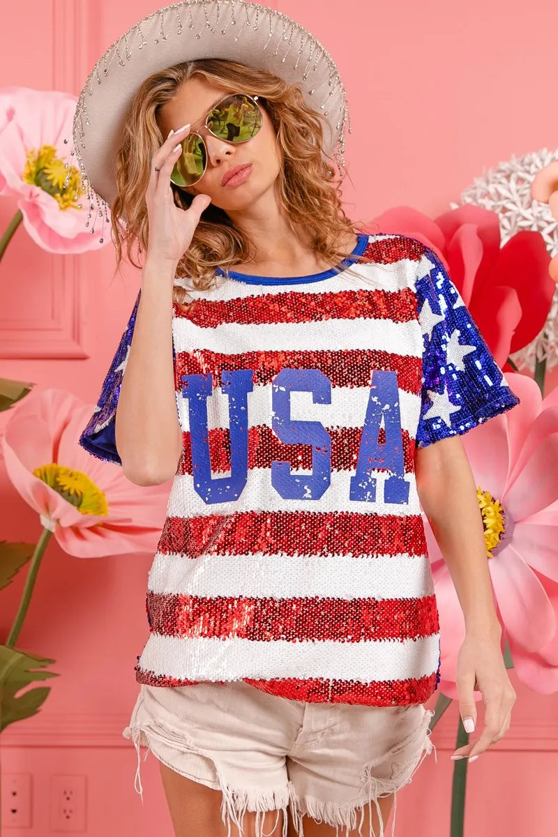 American Flag Theme USA Lettering Sequin Top