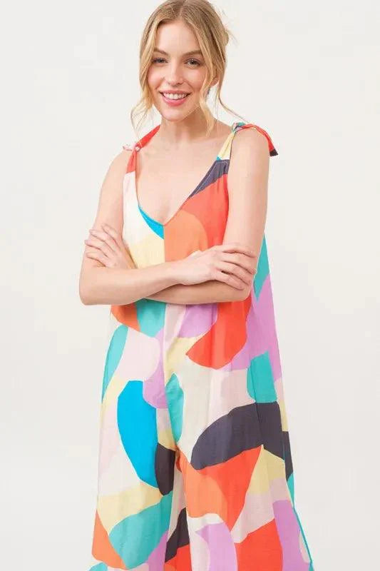 And The Why Tied Shoulder Straps Wide-Leg Geo Print Jumpsuit