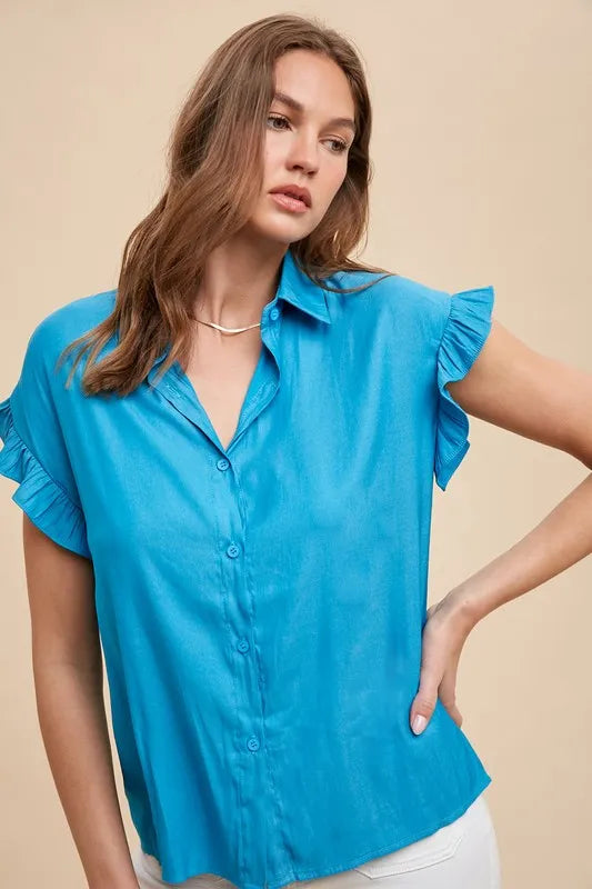 Annie Wear Relaxed Fit Ruffle Sleeve Woven Blouse Top
