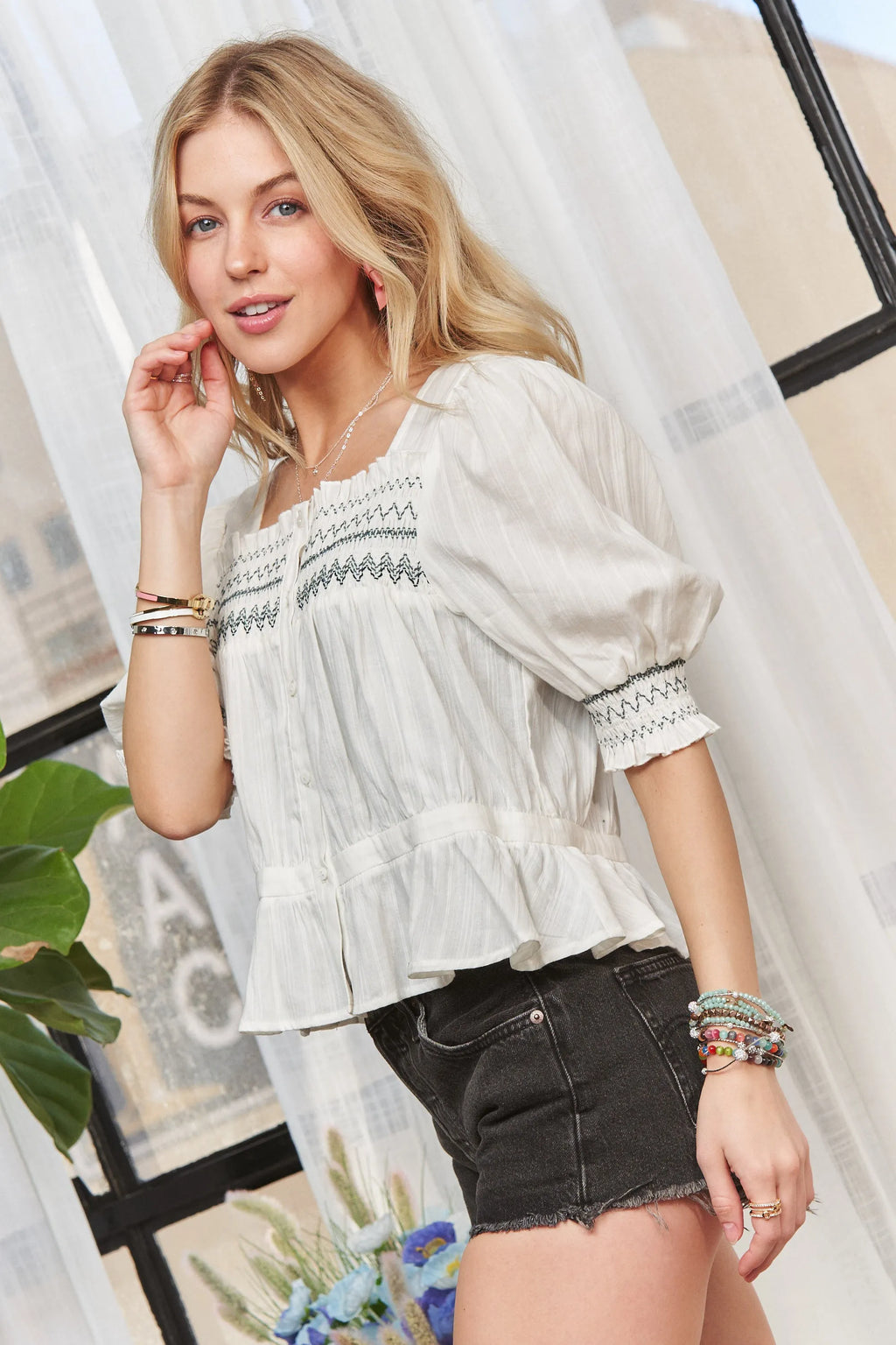 ADORA Smocked Puff Sleeve Peasant Blouse