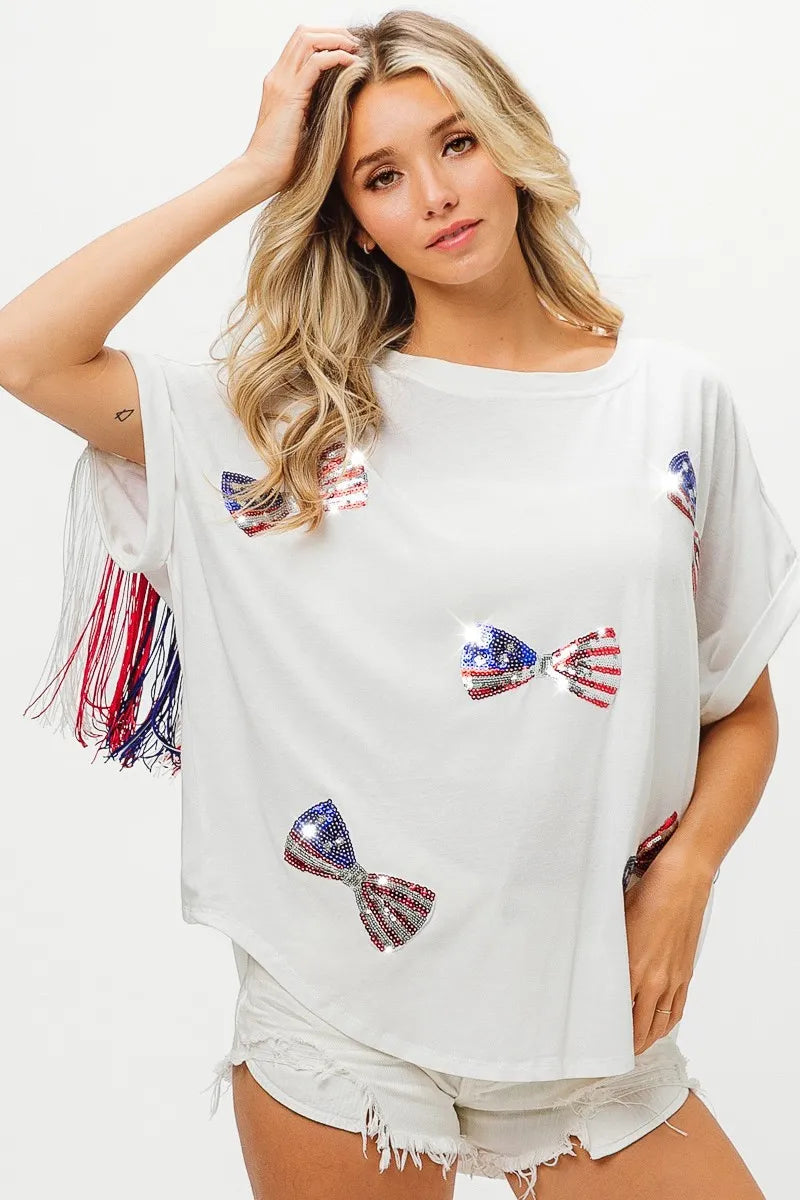 American Flag Sequin Ribbon T-Shirt