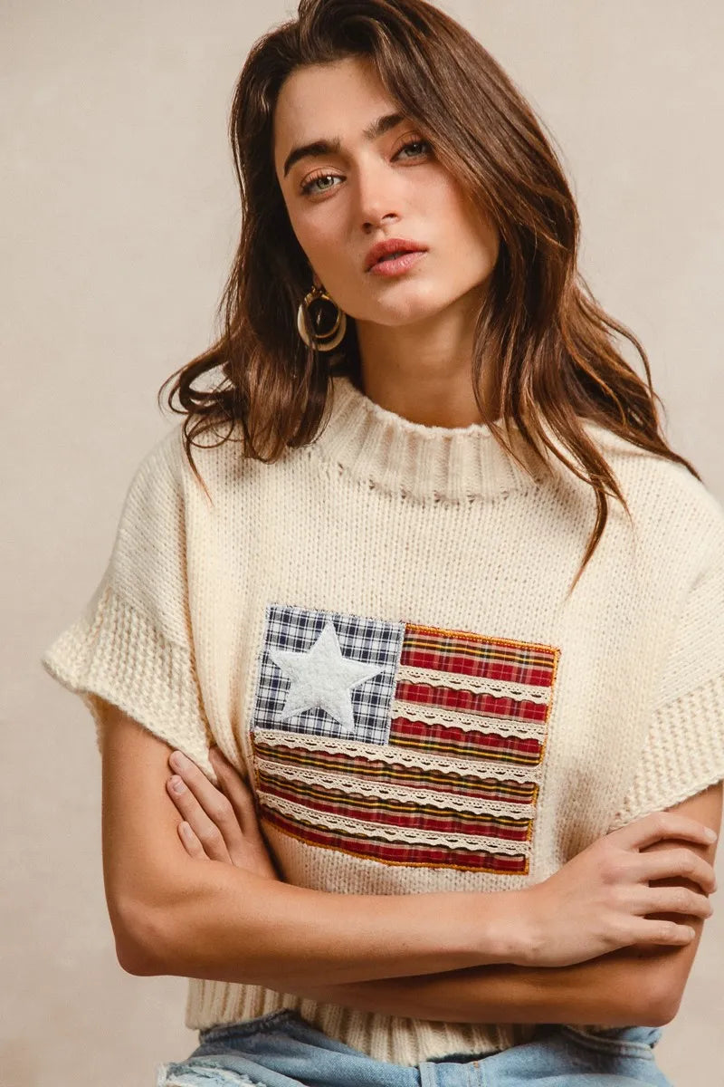 American Flag Patchwork Drop Shoulder Sweater