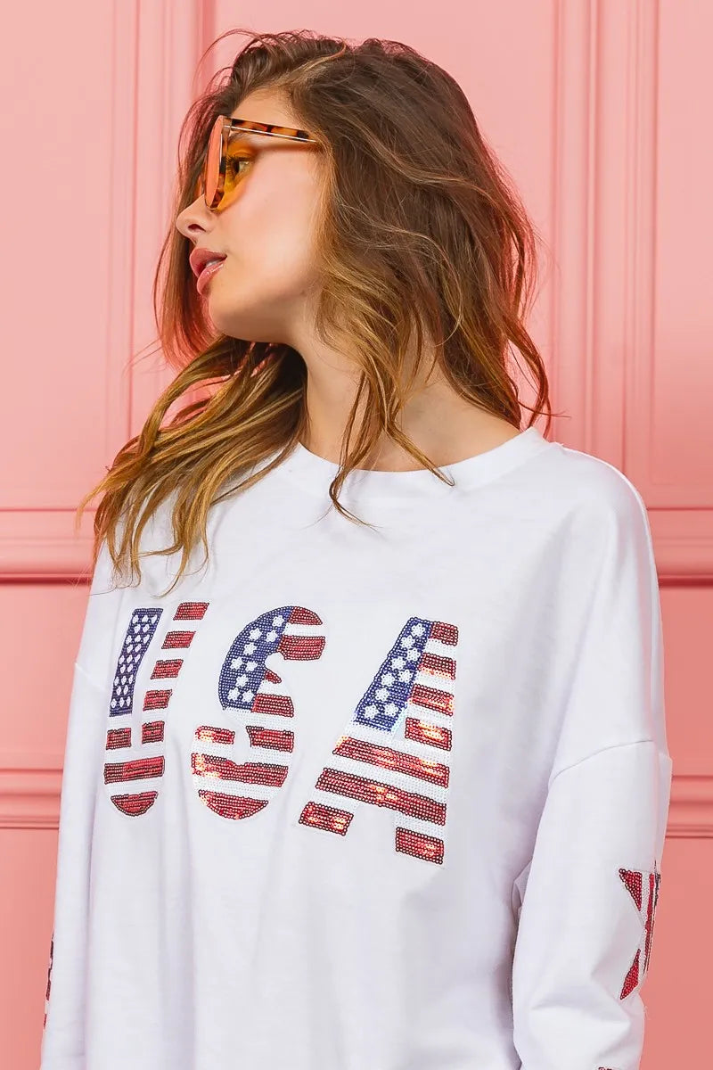 American Flag USA and Star Sequin Sweatshirt