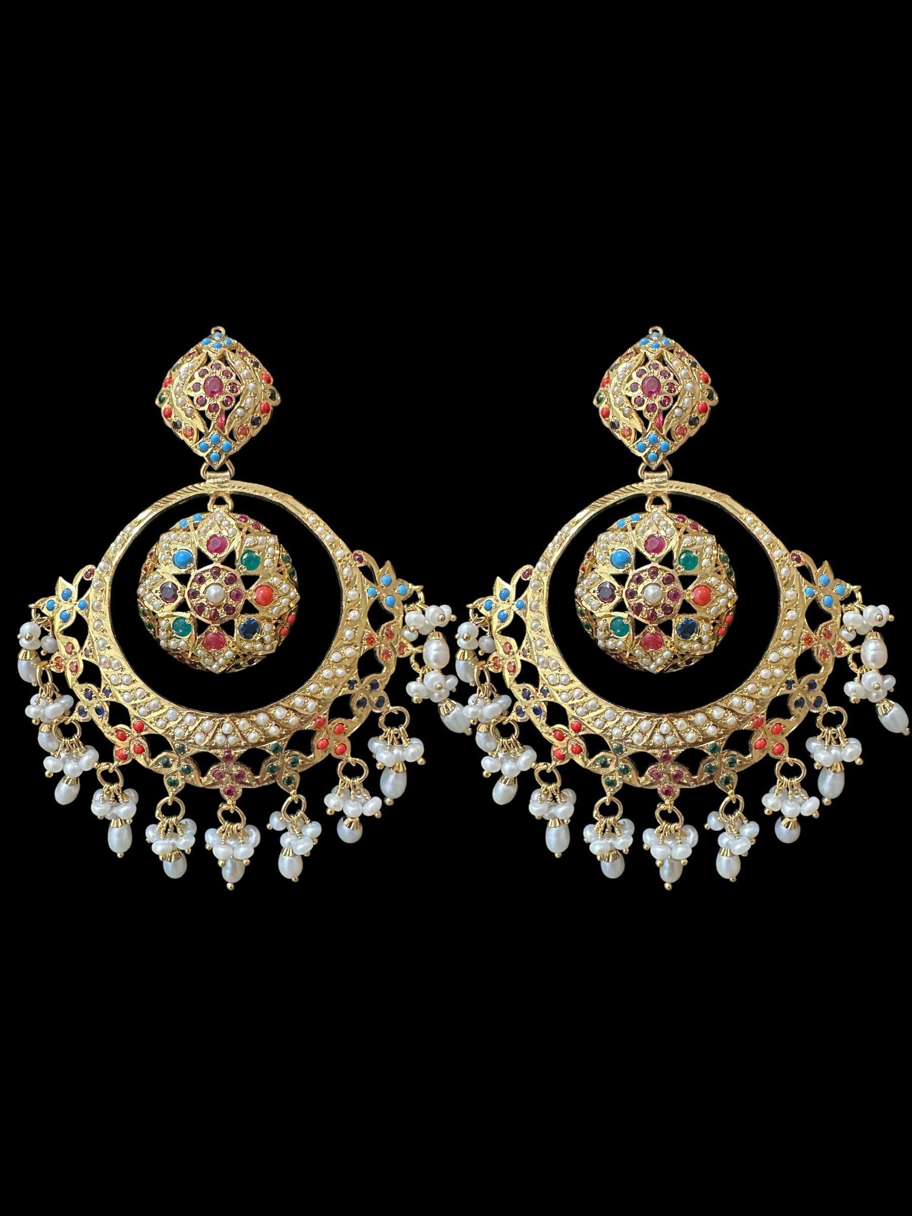 92.5 Silver Gold-Plated Earrings in Navratan with Freshwater Pearls â€?Handcrafted Jadau chandbali (READY TO SHIP )