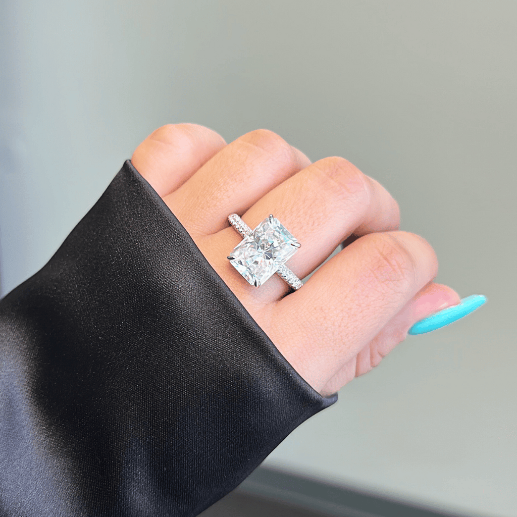 5.0ct Radiant Cut Moissanite Diamond Three Row Pavè Engagement Ring